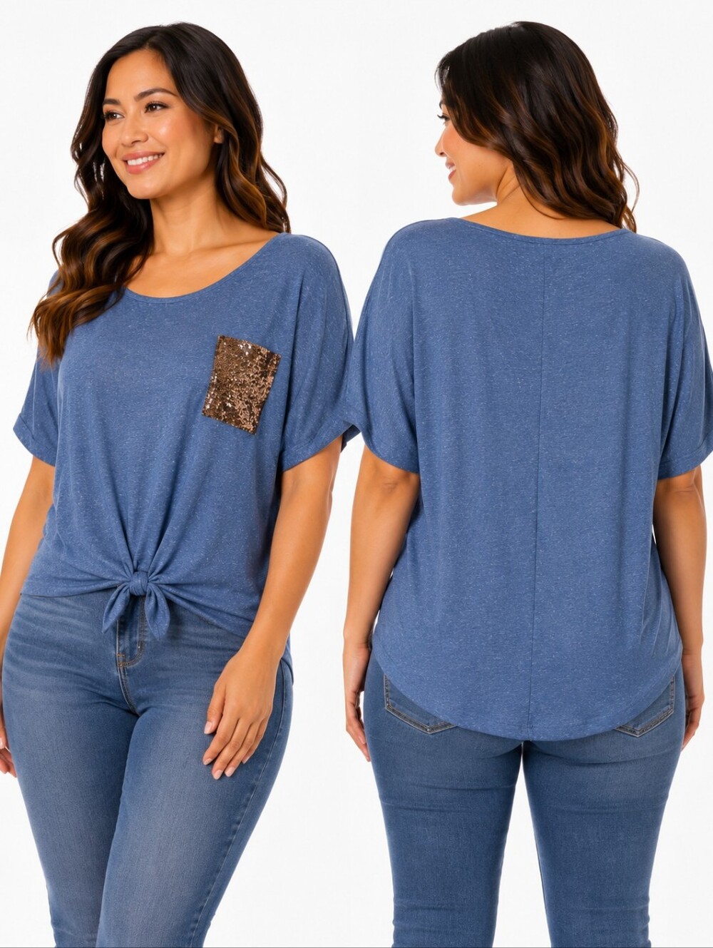 Plus Size Vintage Wash Blue Silver Sequin Pocket Tie Front  Blouse - NEW